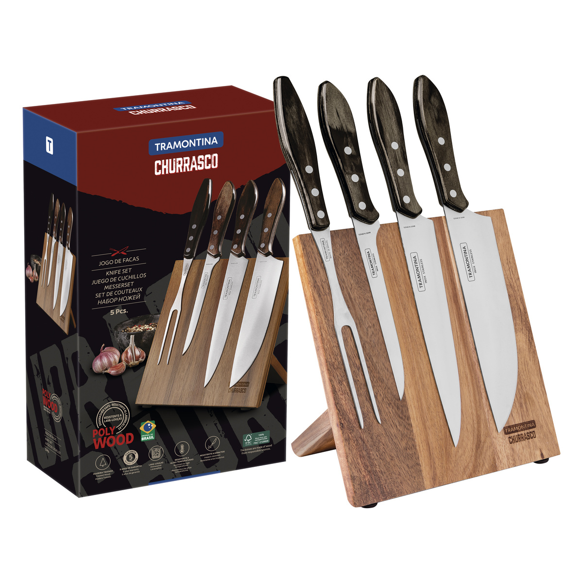 Jogo para Churrasco Tramontina com Lâminas em Aço Inox e Cabos em Madeira Polywood Castanho 5 Peças