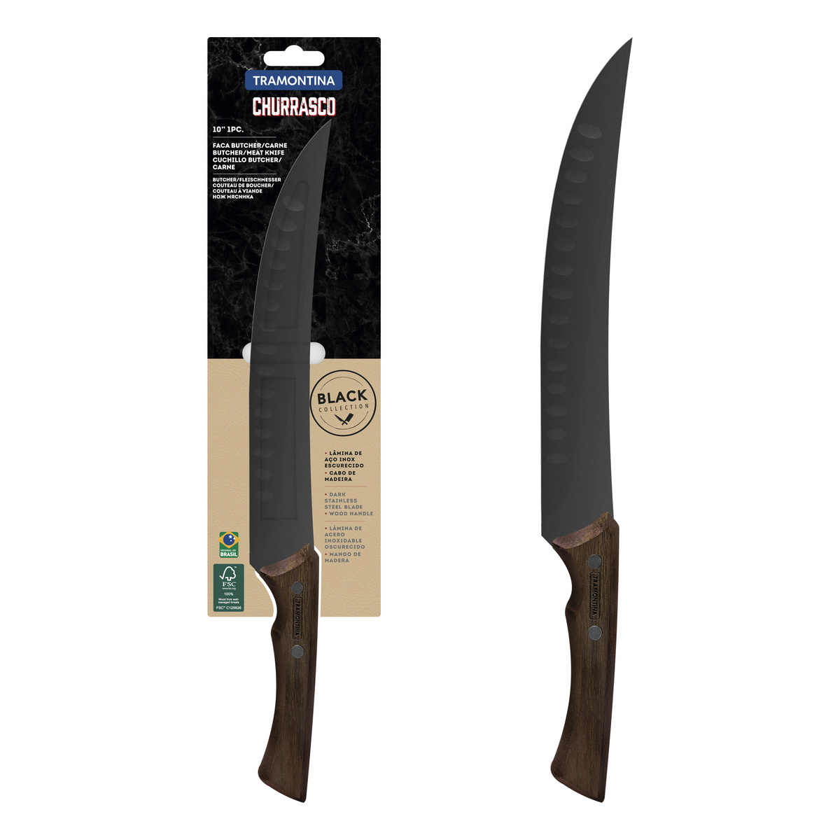 Faca para Carne Tramontina Churrasco Black com Lâmina em Aço Inox Escurecido e Cabo de Madeira 10"