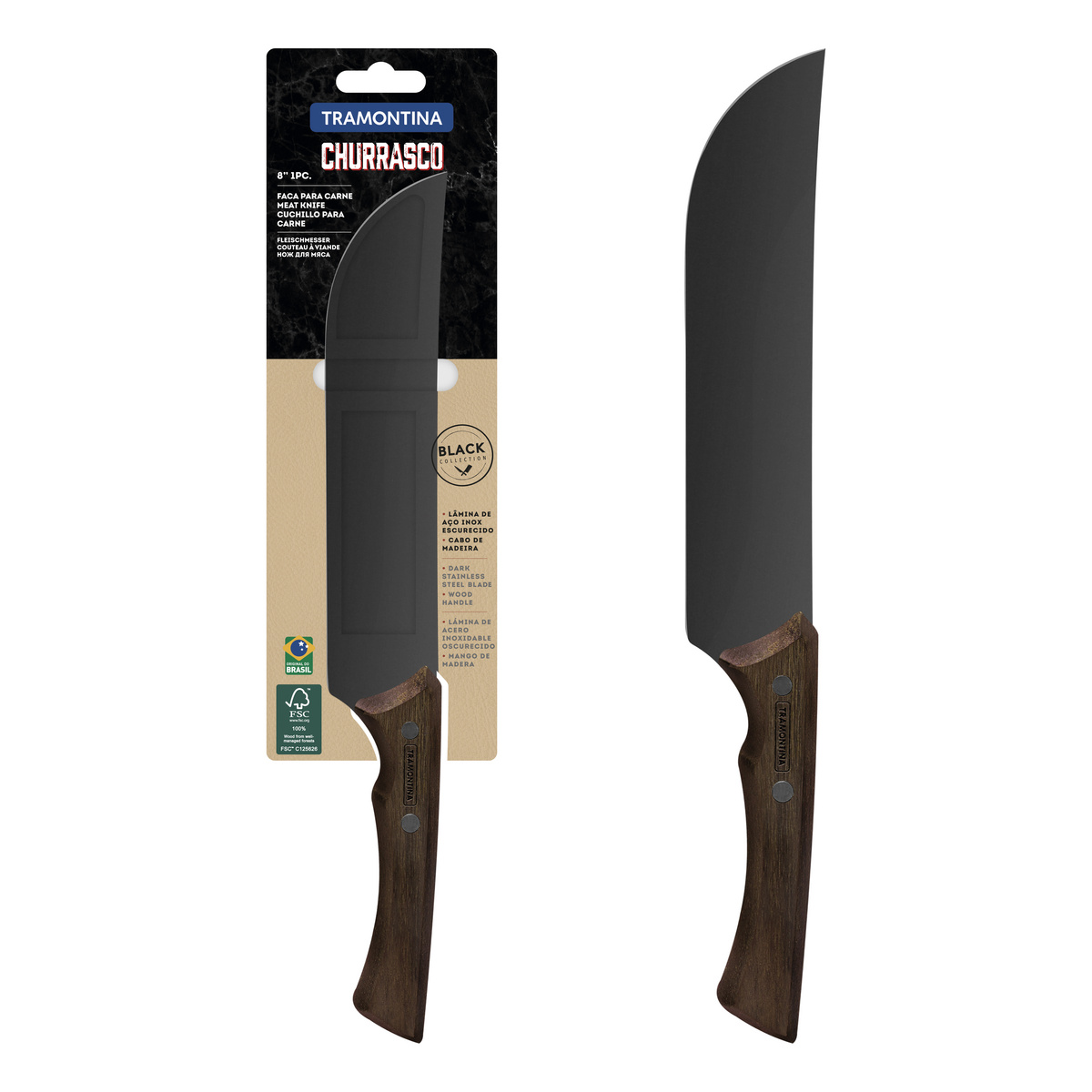 Faca para Carne Tramontina Churrasco Black com Lâmina em Aço Inox Escurecido e Cabo de Madeira 8"