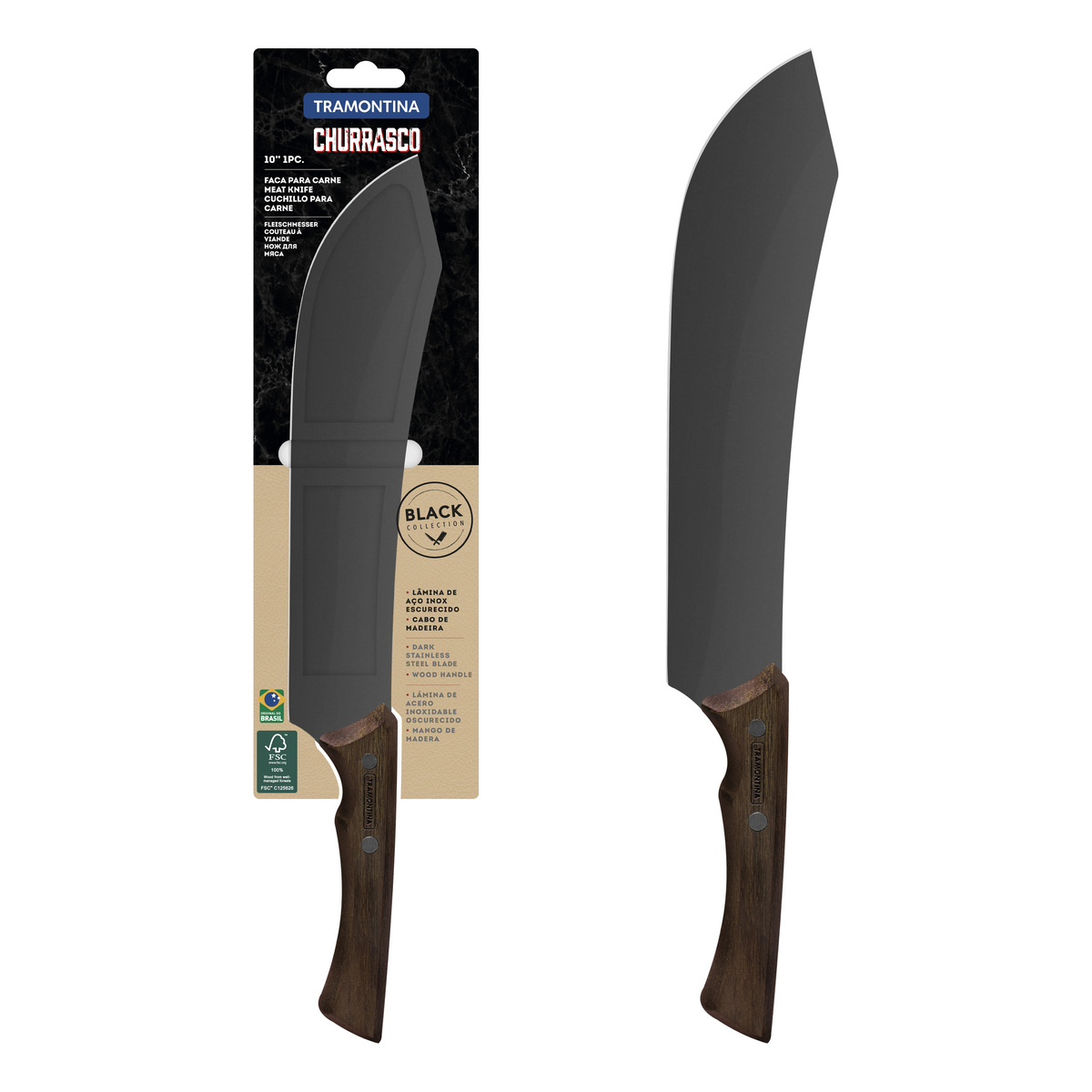 Faca para Carne Tramontina Churrasco Black com Lâmina de Aço Inox Escurecido e Cabo de Madeira 10"