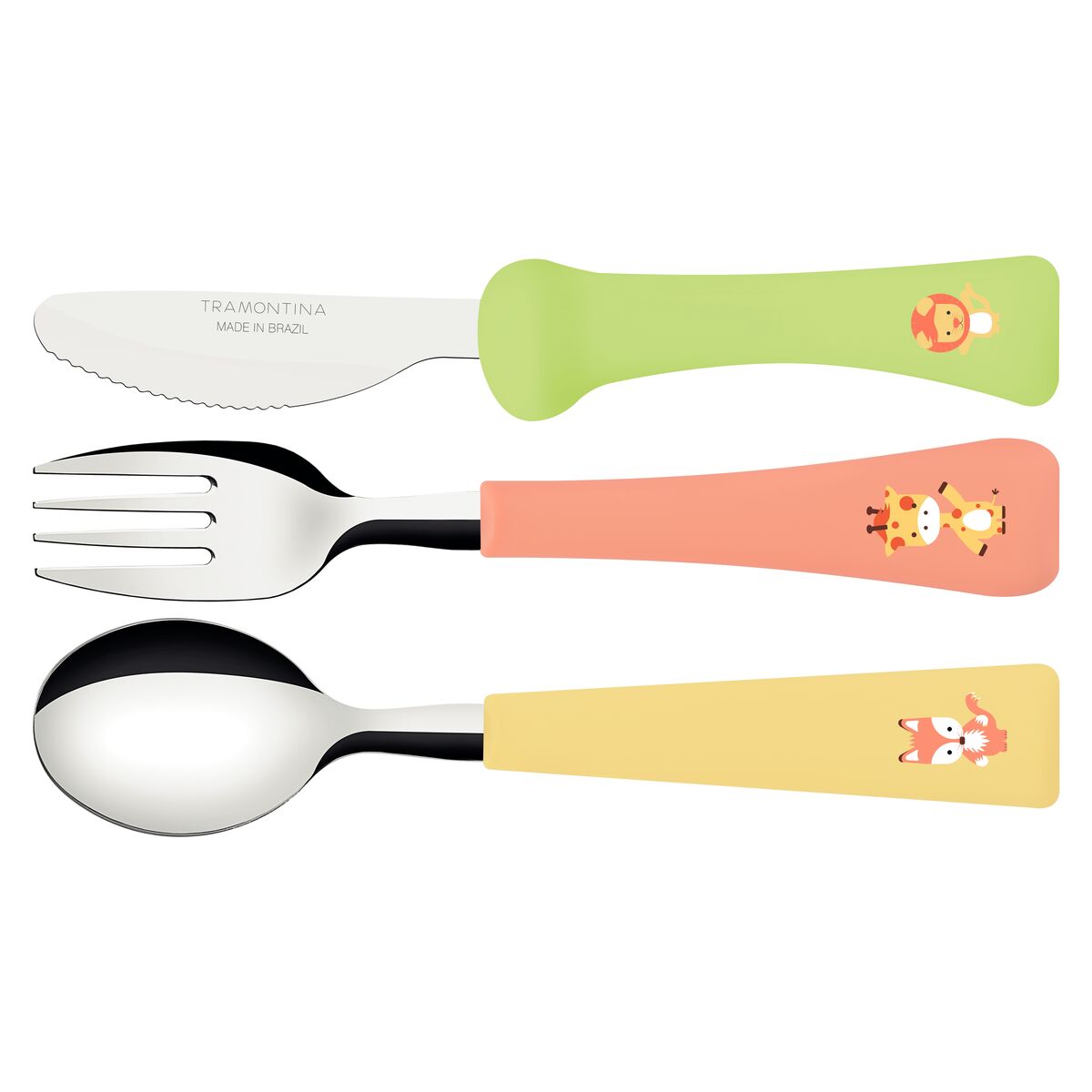 Jogo de Talheres Infantil Tramontina Baby Friends com Lâminas de Aço Inox e Cabos de Polipropileno Colorido 03 Peças