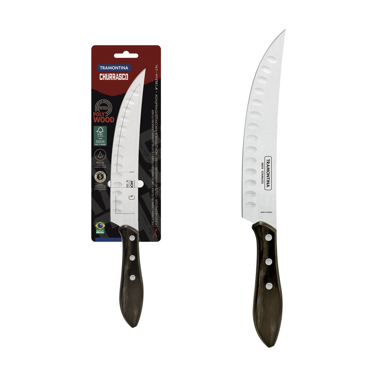 Faca para Carne Butcher Tramontina com Lâmina em Aço Inox e Cabo em Madeira Tratada Polywood Castanho 8"