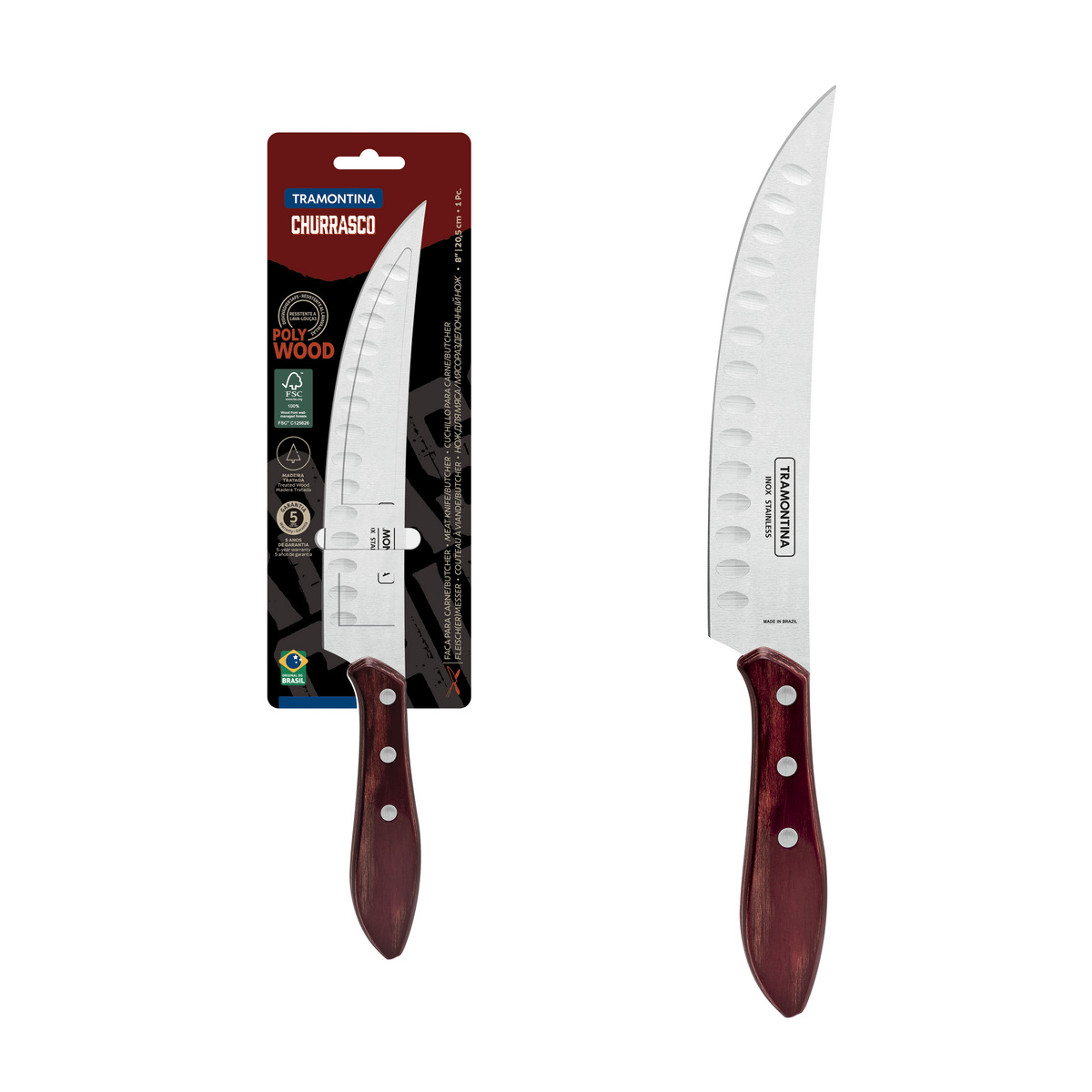 Faca para Carne Butcher Tramontina com Lâmina em Aço Inox e Cabo em Madeira Tratada Polywood Vermelho 8"