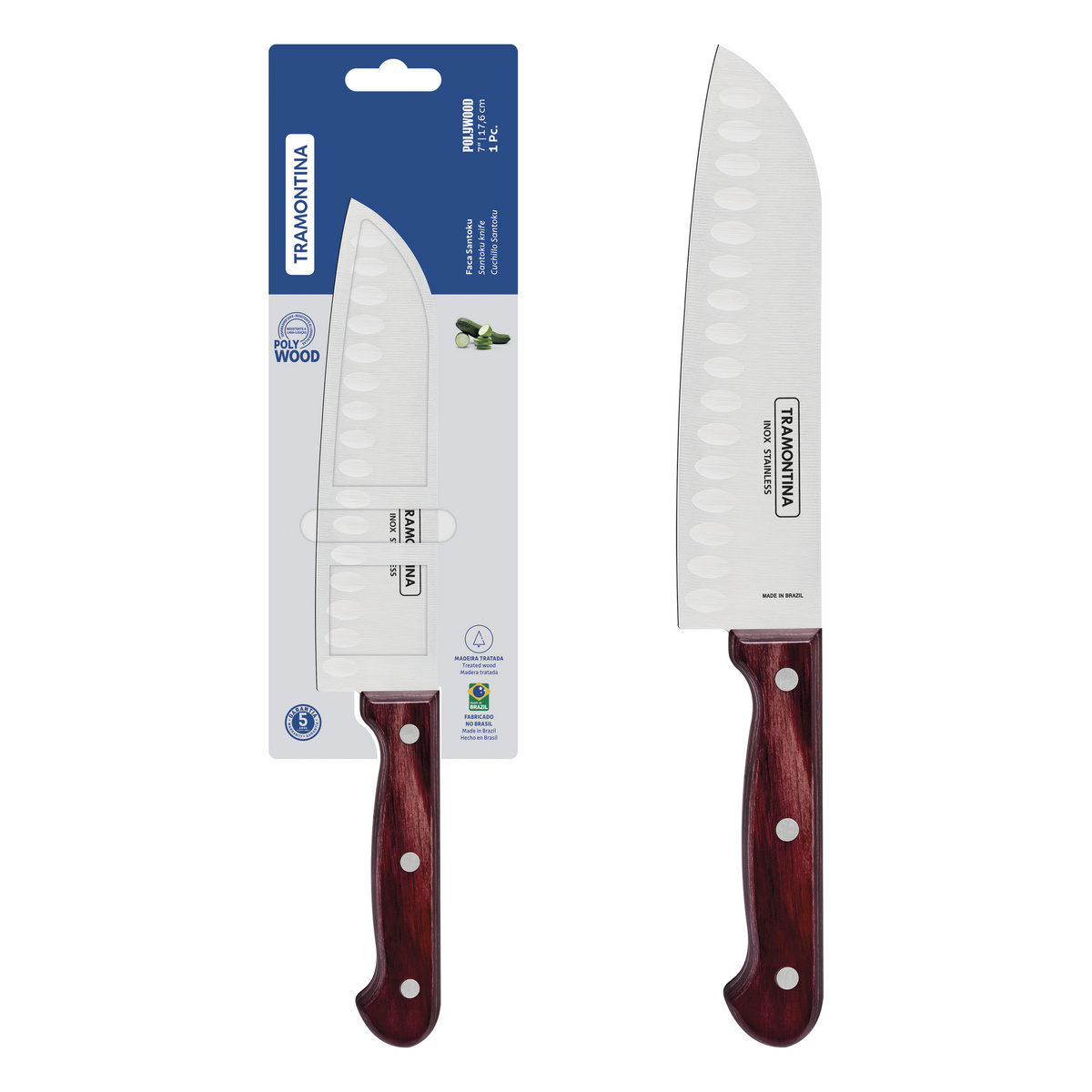 Faca Santoku Tramontina com Lâmina em Aço Inox e Cabo em Madeira Tratada Polywood Vermelho 7"