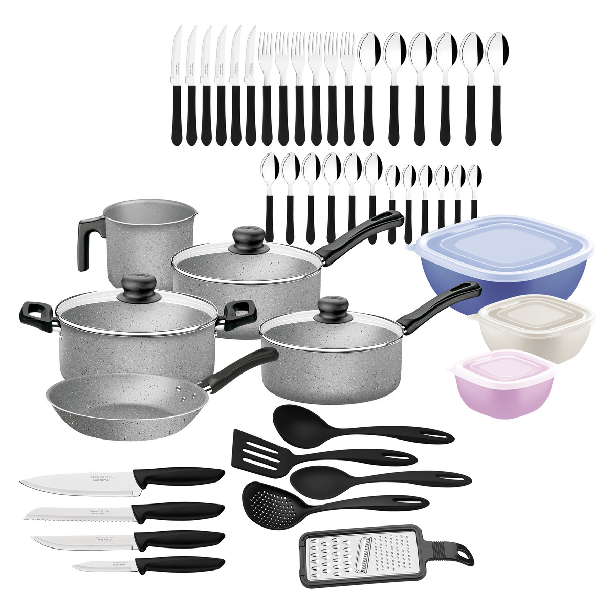 Kit Tramontina 47 peças para Cozinha com Panelas Antiaderentes em Alumínio, Talheres, Facas e Utensílios Domésticos