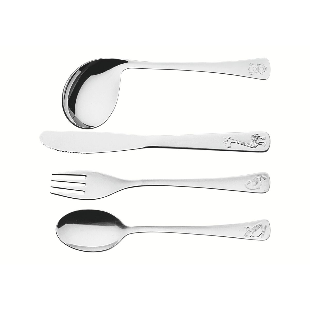 Jogo de Talheres Infantil Tramontina Baby Friends em Aço Inox Acabamento Brilho com Desenho em Alto Relevo 4 Peças