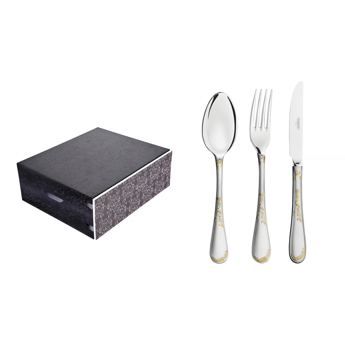 Faqueiro Tramontina Renascença em Aço Inox com Facas de Mesa Detalhes em Ouro Acabamento Brilho e Fosco Estojo de Madeira 130 Peças
