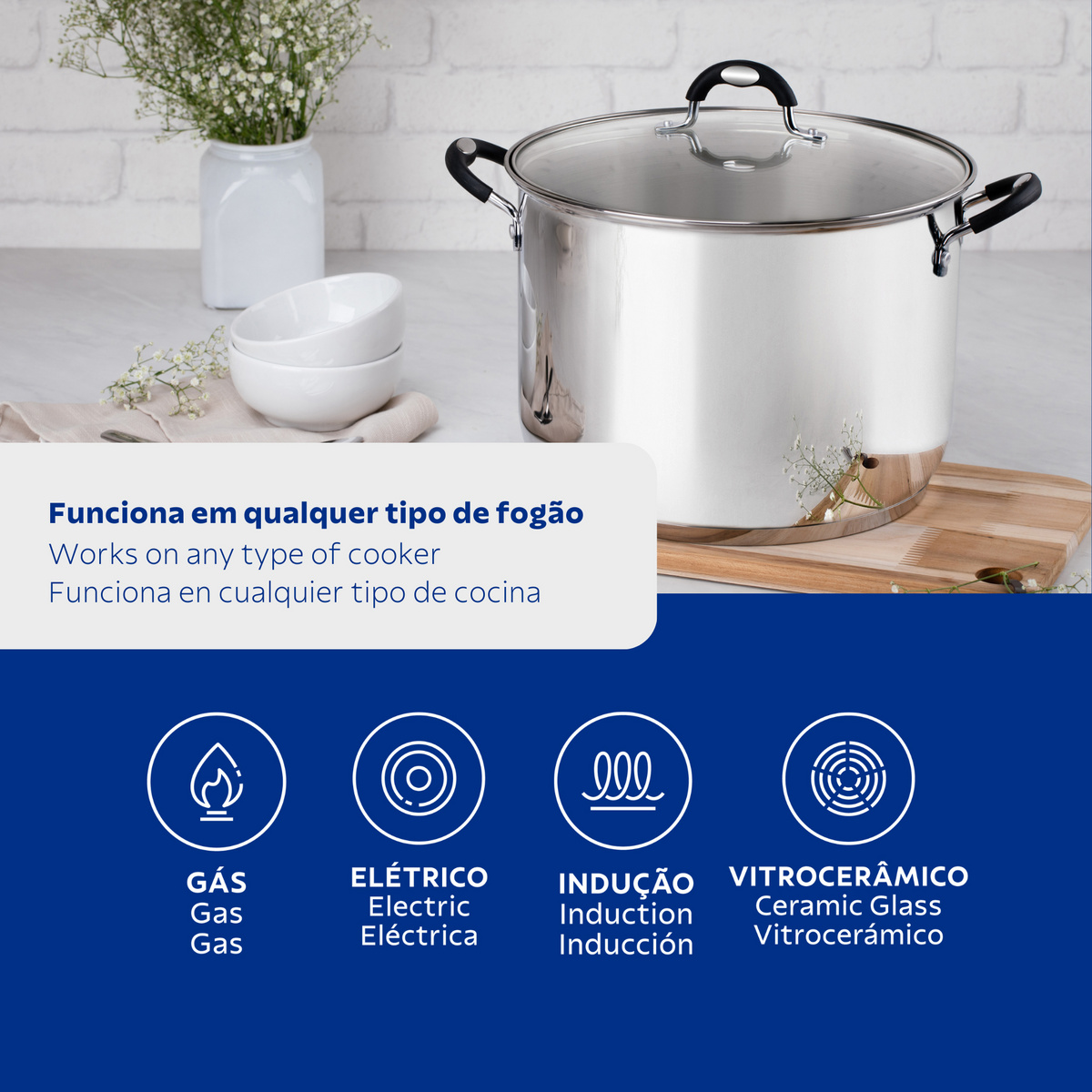 Caldeirão Tramontina Astro Silicone em Aço Inox com Fundo Triplo com Tampa de Vidro 24 cm 7,6 L