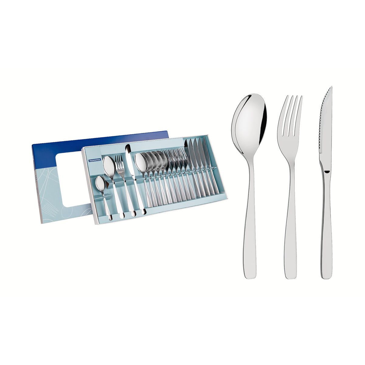 Faqueiro Tramontina Cosmos em Aço Inox com Facas para Churrasco Acabamento Brilho e Fosco 24 Peças