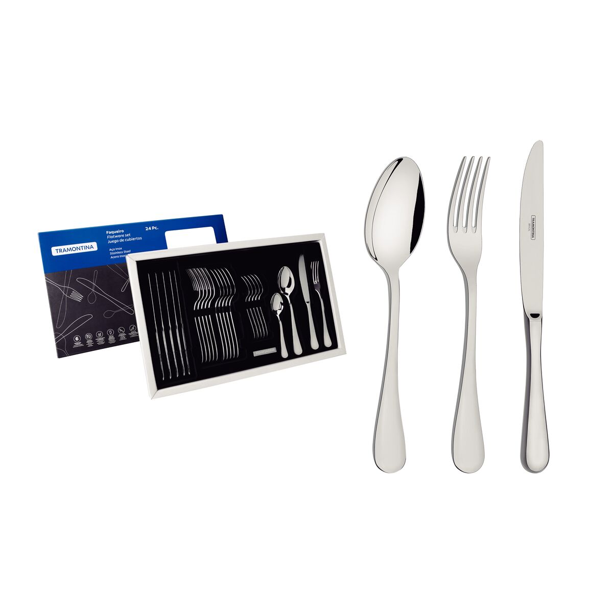 Faqueiro Tramontina Classic em Aço Inox com Facas de Mesa Forjadas Acabamento Brilho 24 Peças