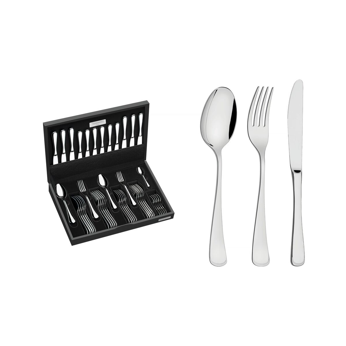 Faqueiro Tramontina Mônaco em Aço Inox com Facas de Mesa Forjadas 6mm Acabamento Alto Brilho com Detalhes no Cabo e Estojo de Madeira 42 Peças