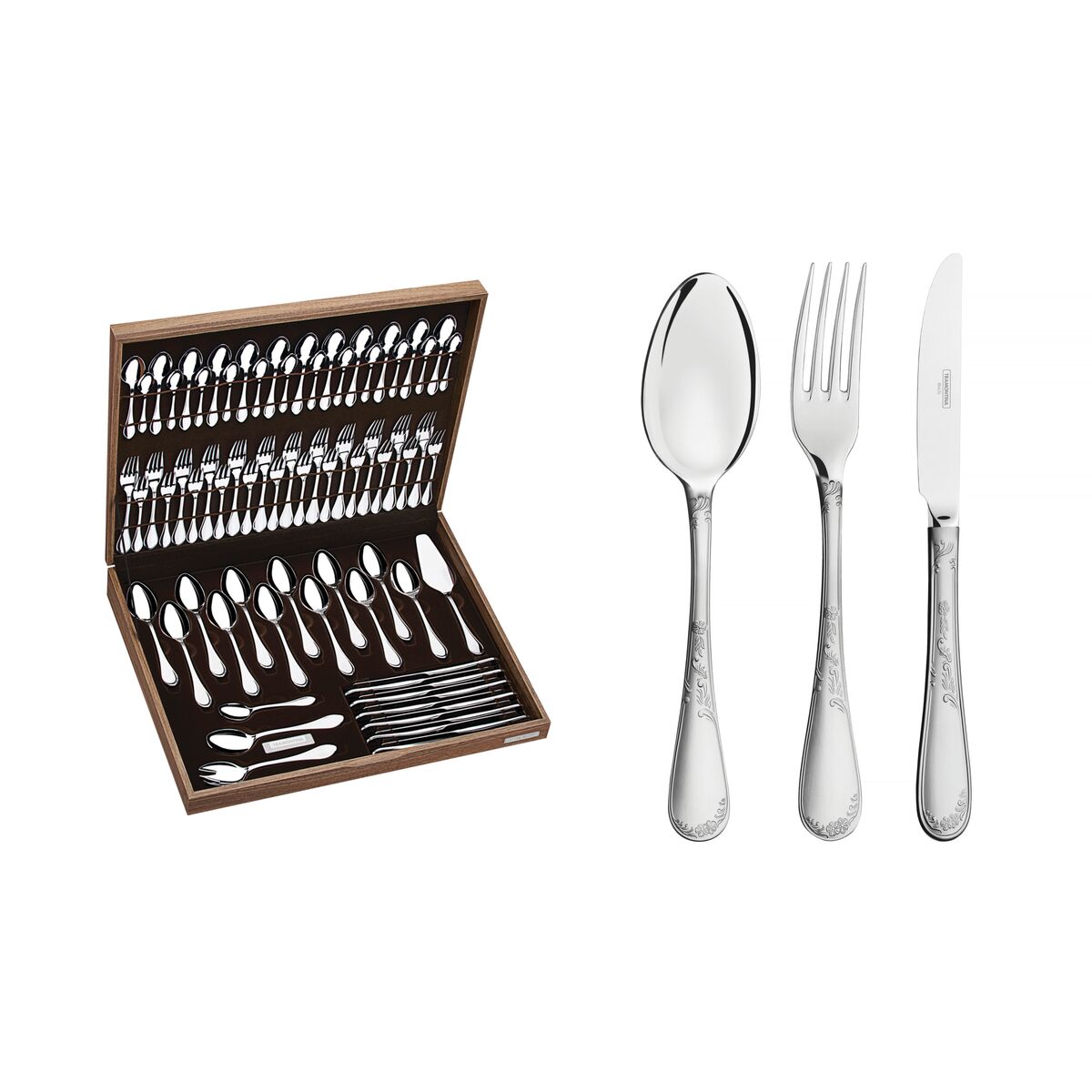 Faqueiro Tramontina Renascença em Aço Inox com Facas de Mesa Acabamento Brilho e Fosco com Detalhes em Alto Relevo no Cabo e Estojo 76 Peças