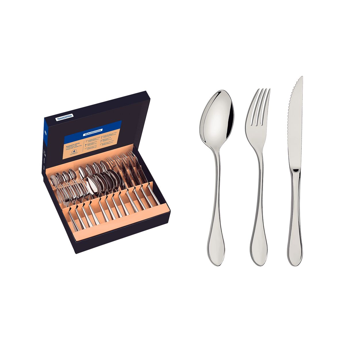 Faqueiro Tramontina Italy em Aço Inox com Facas para Churrasco Forjadas 6mm Acabamento Alto Brilho 24 Peças