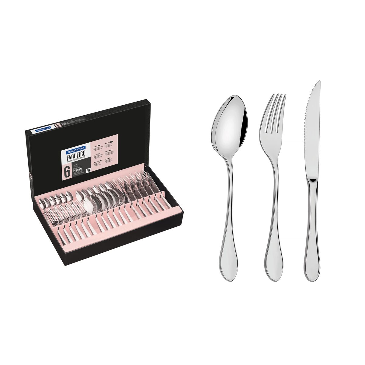 Faqueiro Tramontina Italy em Aço Inox com Facas para Churrasco Forjadas 6mm Acabamento Alto Brilho 36 Peças
