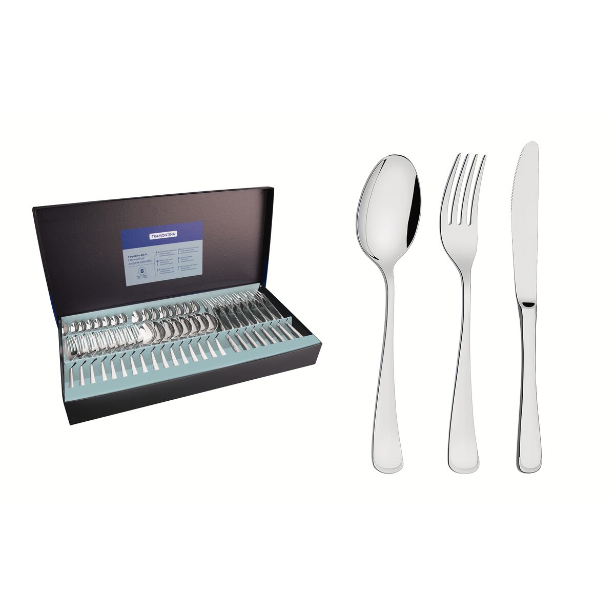Faqueiro Tramontina Mônaco em Aço Inox com Facas de Mesa Forjadas 6mm Acabamento Alto Brilho 48 Peças