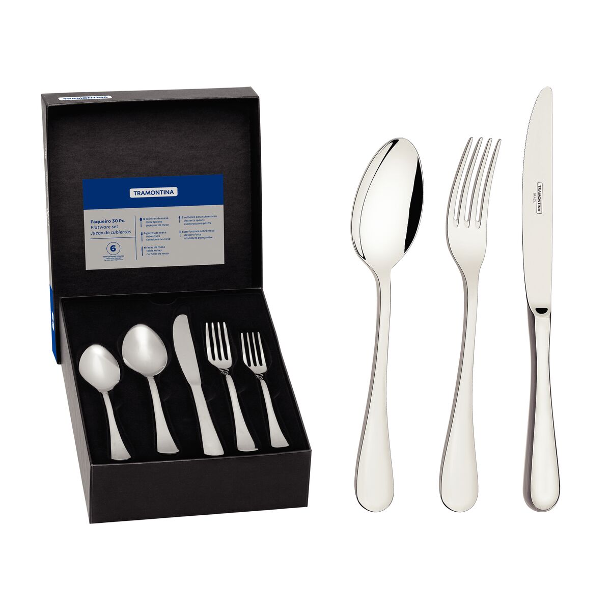Faqueiro Tramontina Classic em Aço Inox com Facas de Mesa Forjadas Acabamento Brilho 30 Peças