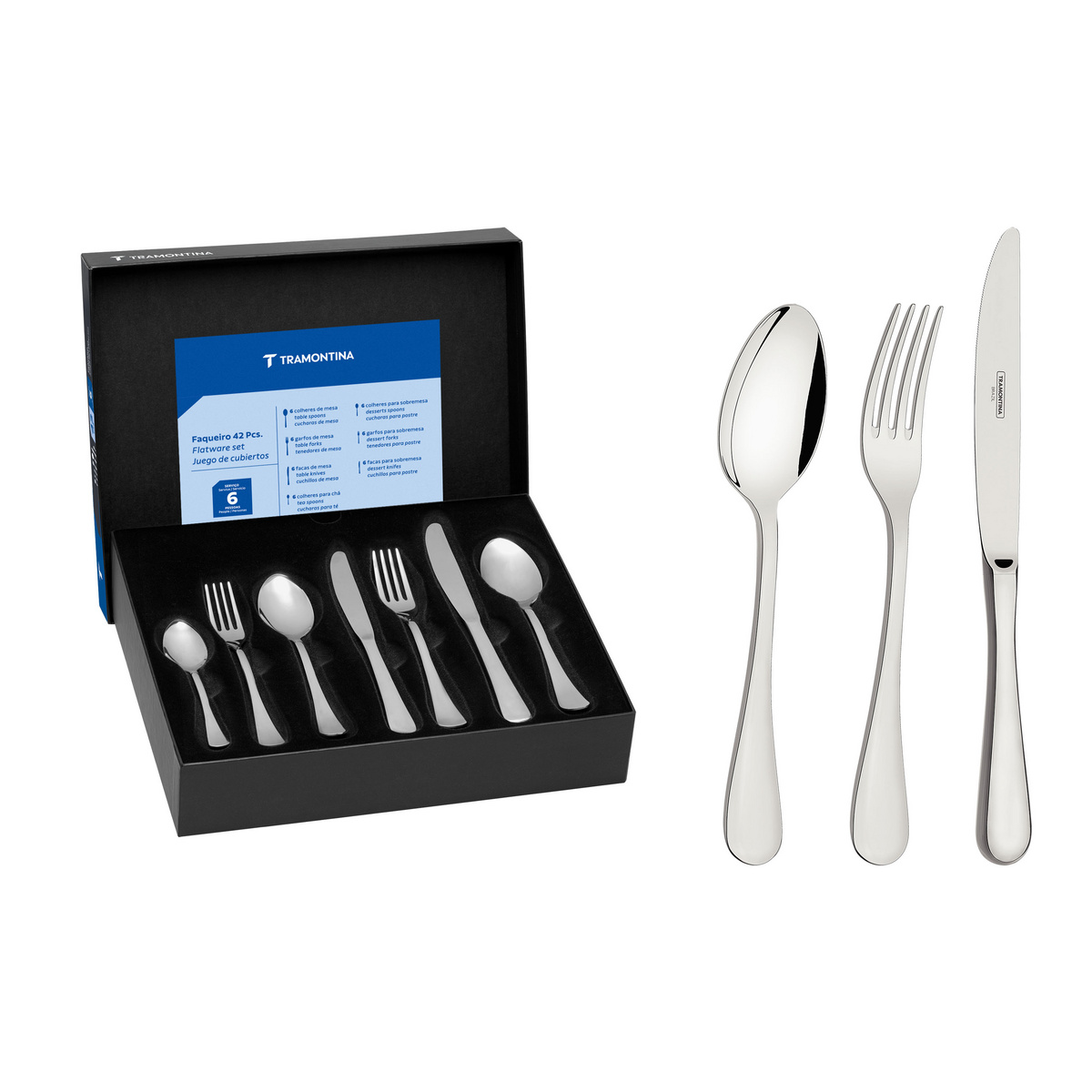Faqueiro Tramontina Classic em Aço Inox com Facas de Mesa Forjadas Acabamento Brilho 42 Peças